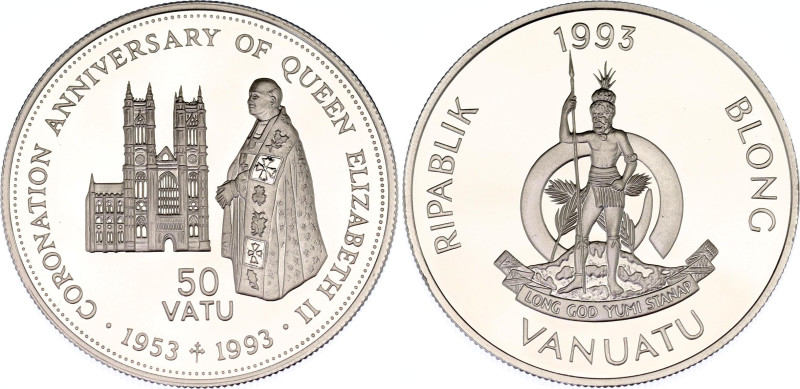 Vanuatu 50 Vatu 1993
KM# 15; N# 45981; Silver; Coronation Anniversary of Queen ...