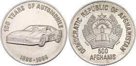 Afghanistan 500 Afghanis 1986 (ND)
KM# 1003; Schön# 113; N# 122122; Silver; 100th Anniversary of the Automobile - Ferrari; Mintage 2'000; UNC.
