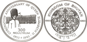 Bhutan 300 Ngultrum 1993
KM# 66, N# 87002; Silver., Proof; 40th Anniversary-Coronation of Queen Elizabeth II; Mintage 10000 pcs.