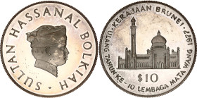 Brunei 10 Dollars 1977
KM# 21, N# 45510; Silver., Proof; Brunei Currency Board; Mintage 10000 pcs; with few minor hairlines.
