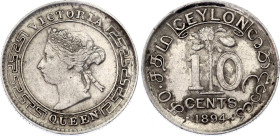 Ceylon 10 Cents 1894
KM# 94; N# 11355; Silver; Victoria; Mint: London; XF Toned.