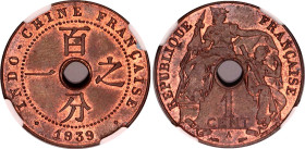 French Indochina 1 Centime 1939 A NGC MS 63 RB
KM# 12.1, N# 5152; Bronze; With red mint luster.
