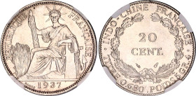 French Indochina 20 Centimes 1937 NGC UNC
KM# 17.2, N# 10064; Silver; NGC UNC Det. cleaned.