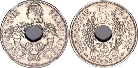 French Indochina 5 Centimes 1938 NGC UNC
KM# 18, N# 6665; Copper-nickel; NGC UNC Det. cleaned.