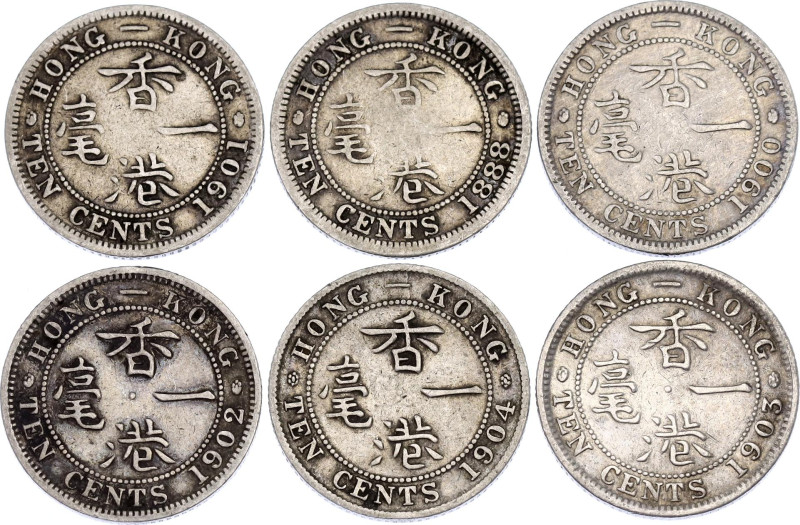 Hong Kong 6 x 10 Cents 1888 - 1904
KM# 6.3, 13; Silver; F/VF.