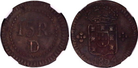 India Portuguese 15 Reis - 1/4 Tanga 1854 NGC UNC
KM# 26, N# 48685; Copper; Pedro V; Damão Mint.; NGC UNC Det. env. damage.