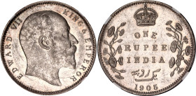 British India 1 Rupee 1905 B NGC AU 55
KM# 508; N# 3722; Silver; Edward VII (1901-1910). UNC, mint luster.