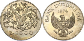 Indonesia 5000 Rupiah 1974
KM# 40; Schön# 30; N# 13963; Silver; Orangutan; Llantrisant Mint; Mintage 43'000; UNC.