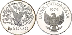 Indonesia 5000 Rupiah 1974
KM# 40a; Schön# 30a; N# 19652; Silver; Orangutan; Llantrisant Mint; Mintage 17'000; Proof.