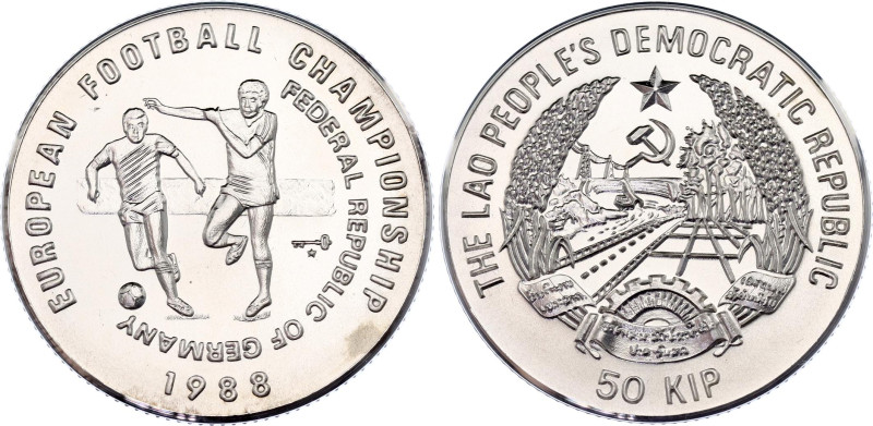 Lao 50 Kip 1988
KM# 32, N# 39937; Silver; 1988 European Football Championship, ...
