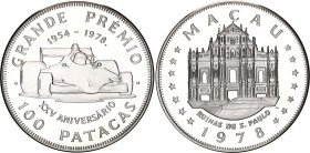 Macao 100 Patacas 1978
KM# 11, N# 45159; Silver., Proof; Grand Prix Anniversary-No logos; Mintage 5500 pcs; with minor hairlines.