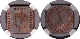 Malaya 1 Cent 1943 NGC MS 64 BN
KM# 6, N# 3461; Bronze; George VI; Mint luster remains.