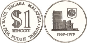Malaysia 1 Ringgit 1979
KM# 27a, N# 77064; Silver., Proof; 20th Anniversary of Bank Negara Malaysia; Mintage 8000 pcs.
