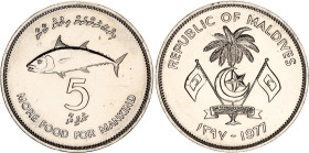 Maldives 5 Rufiyaa 1977 AH 1397
KM# 55, N# 9667; Nickel; FAO - Food for Mankind; With Certificate; UNC.