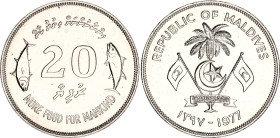 Maldives 20 Rufiyaa 1977 AH 1397
KM# 56, N# 33013; Silver; F.A.O.; With Certificate; AUNC.
