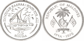 Maldives 25 Rufiyaa 1978 AH 1398
KM# 58a, N# 117175; Silver., Proof; FAO; Mintage 2000 pcs; with minor hairlines.