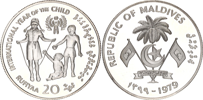 Maldives 20 Rufiyaa 1979 AH 1399
KM# 61, N# 79822; Silver., Proof; Internationa...