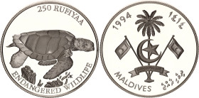 Maldives 250 Rufiyaa 1994 AH 1414
KM# 86; N# 82863; Silver; Endangered Wildlife; Mintage 14'500; Proof.