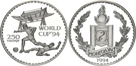 Mongolia 250 Tugrik 1994
KM# 103; Schön# 97; N# 39507; Silver; 1994 FIFA World Cup, United States; Mintage 15'000; Proof.