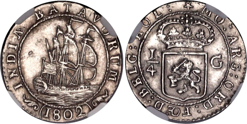 Netherlands East Indies Batavian Republic 1/4 Gulden 1802 NGC UNC
KM# 81, N# 21...