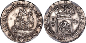 Netherlands East Indies Batavian Republic 1/4 Gulden 1802 NGC UNC
KM# 81, N# 21740; Silver; NGC UNC Det. cleaned.