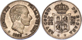 Philippines 10 Centimos 1883 Double Stirke
KM# 148, N# 22009; Silver; Alfonso XII; XF/AUNC.