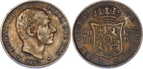 Philippines 20 Centimos 1882 Double Stirke
KM# 149, N# 20042; Silver; Alfonso XII; XF+/AUNC-, weak strike.