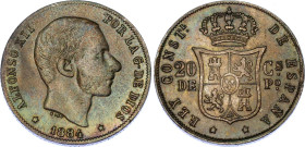 Philippines 20 Centimos 1884 Double Stirke
KM# 149, N# 20042; Silver; Alfonso XII; AUNC/UNC with nice toning.