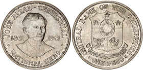 Philippines 1 Peso 1961
KM# 192, N# 27450; Silver; 100th Anniversary of Birth of Dr. Jose Riozal; AUNC.