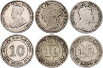 Straits Settlements 3 x 10 Cents 1871 - 1926
KM# 11, 21, 29b; Silver; F/VF.