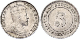 Straits Settlements 5 Cents 1910 B
KM# 20a, N# 12771; Silver; Edward VII; AUNC/UNC with minor hairlines.