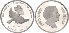 Jordan 3 Dinars 1977 AH 1397
KM# 32; Schön# 34; N# 43289; Silver; Hussein bin Talal; Conservation; Mintage 4'897; Proof.