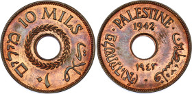 Palestine 10 Mils 1942
KM# 4a, Schön# 4a; Aharoni# 4; N# 20748; Bronze; British Mandate; London Mint; UNC.