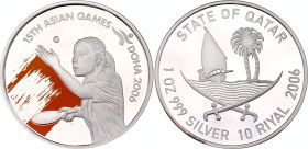 Qatar 10 Riyals 2006
KM# 31; N# 100099; Silver (coloured); Hamad bin Khalifa Al Thani; 2006 Asian Games (XV Asiad) in Doha, Qatar - Table Tennis; Per...