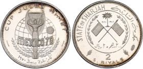 United Arab Emirates Sharjah 2 Riyals / 200 Dirhams 1970 AH 1389
KM# 3, N# 60915; Silver., Proof; Khālid III; The 1970 FIFA World Cup in Mexico; Mint...