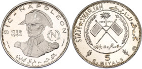 United Arab Emirates Sharjah 5 Riyals / 500 Dirhams 1970 AH 1389
KM# 4, N# 92349; Silver., Proof; Khālid III; The 200th Anniversary of Napoléon Bonap...