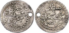 Algeria 1/8 Budju 1823 AH 1238
KM# 74, N# 33084; Silver; Mahmud II; XF, holed.