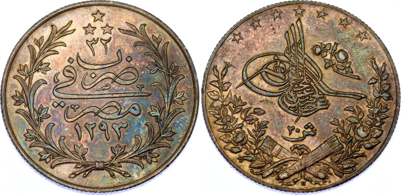 Egypt 20 Qirsh 1906 H AH 1324//22
KM# 296, N# 28412; Silver; Abdul Hamid II; XF...