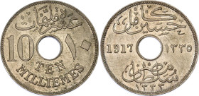 Egypt 10 Milliemes 1917 AH 1335
KM# 316; Schön# 28; N# 8675; Copper-nickel; Hussein Kamel; British Protectorate; Bombay Mint; UNC with hairlines.