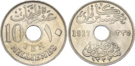Egypt 10 Milliemes 1917 KN AH 1335
KM# 316; Schön# 28; N# 8675; Copper-nickel; Hussein Kamel; British Protectorate; Kings Norton Metal Company, Birmi...