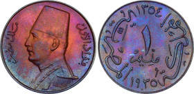 Egypt 1 Millieme 1935 H AH 1354
KM# 344; Schön# 51; N# 7719; Bronze; Fuad I; Heaton's Mint; UNC with amazing multicolour toning.
