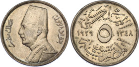 Egypt 5 Milliemes 1929 BP AH 1348
KM# 346; Schön# 54; N# 8676; Copper-nickel; Fuad I; Budapest Mint; UNC.
