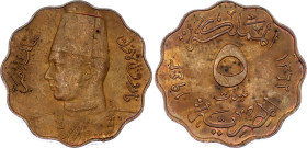 Egypt 5 Milliemes 1943 AH 1362
KM# 360; N# 4823; Bronze; Farouk I; London Mint; UNC.