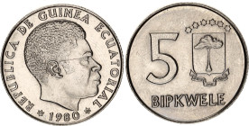 Equatorial Guinea 5 Bipkwele 1980
KM# 51, N# 16158; Copper-nickel; AUNC/UNC.