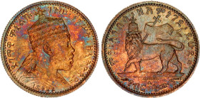 Ethiopia 1/8 Birr 1895 EE 1887 A
KM# 2, N# 41113; Silver; Menelik II; Mintage 25000 pcs; UNC with amazing toning & minor hairlines.