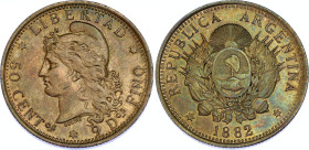 Argentina 50 Centavos 1882 Overstrike
KM# 28, N# 11353; Silver; AUNC with nice toning and hairlines.