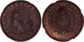 Argentina 2 Centavos 1891 NGC UNC
KM# 33, N# 2220; Bronze; NGC UNC Det. obv. cleaned.