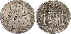 Bolivia 8 Reales 1808 PTS PJ with Chopmarks
KM# 73; Cal# 684; N# 26228; Silver; Charles IV; Potosi Mint; VF.