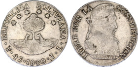 Bolivia 4 Soles 1830 PTS JL
KM# 96a.1, N# 19719; Silver; Mint Potosi, Bolivia; XF.