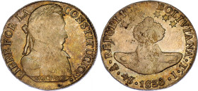 Bolivia 4 Soles 1830 PTS JL
KM# 96a, N# 19719; Silver; AUNC weak strike with nice golden toning.